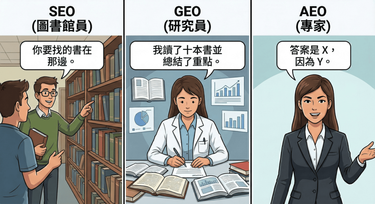 一張表看懂：SEO、GEO、AEO 有什麼不同？